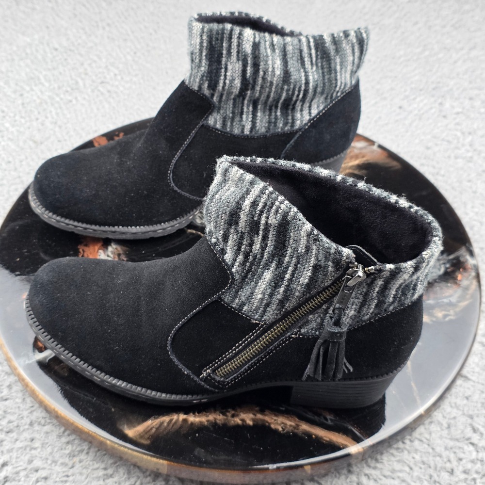 Born B.O.C BOC‎ Ankle Booties Womens 8.5M Black Suede Knit Collar Tassel